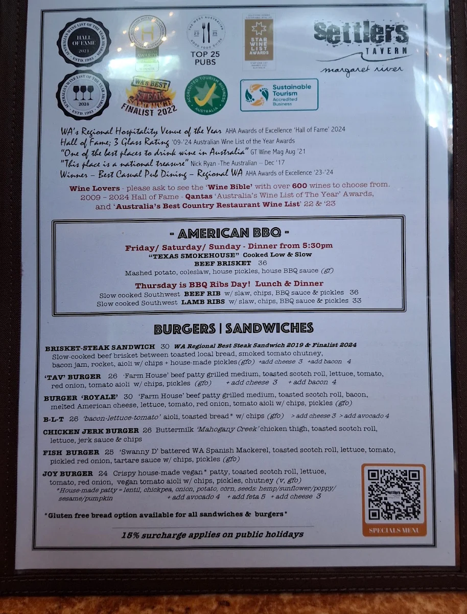 Menu, Settlers Tavern