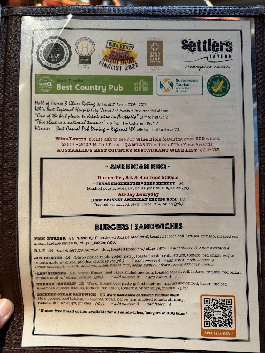 Menu, Settlers Tavern