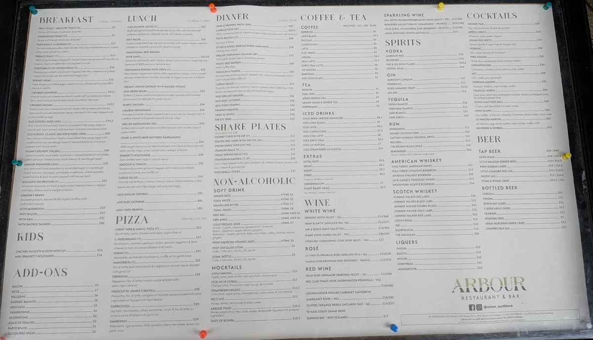 Menu, Arbour SouthBank