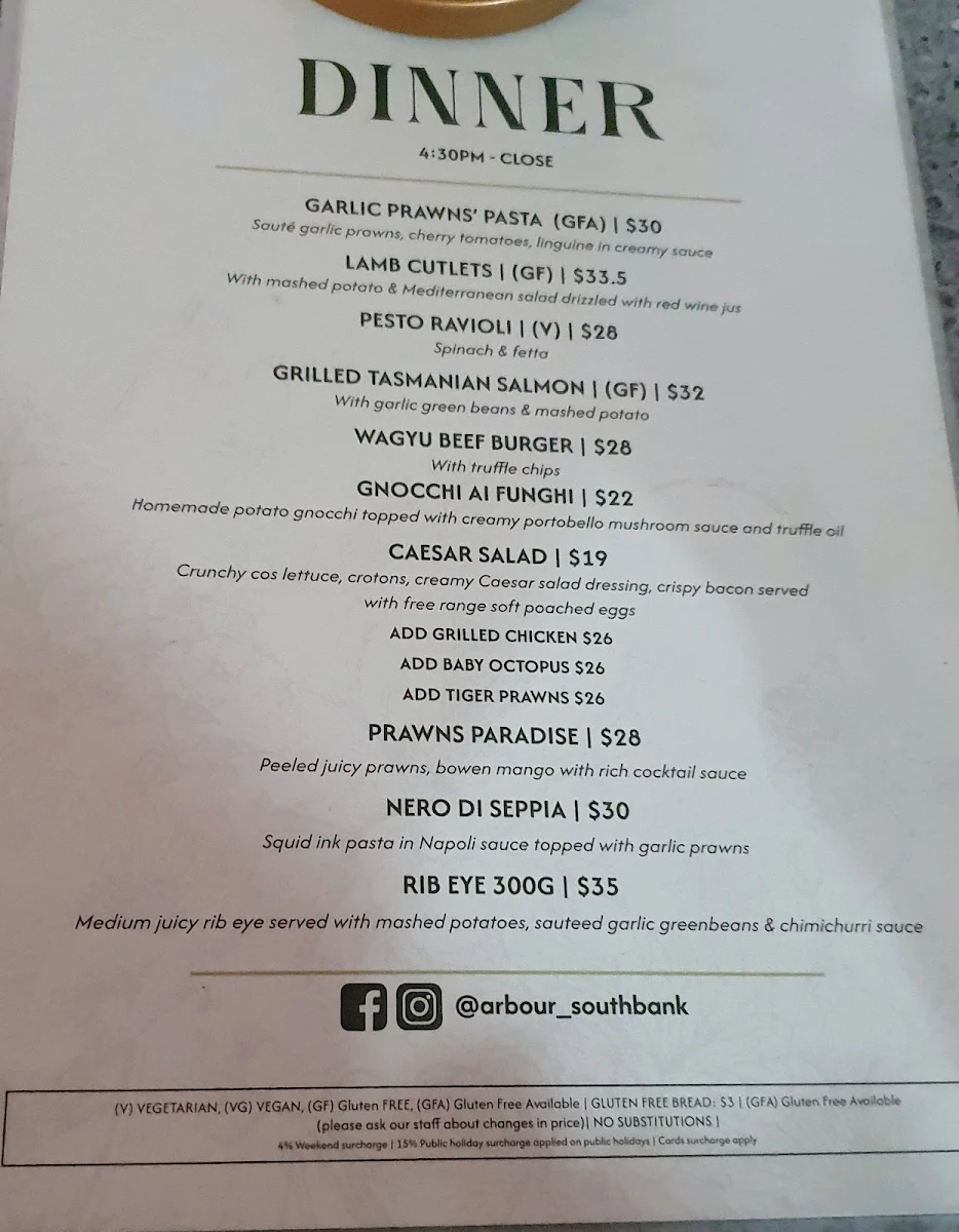 Menu, Arbour SouthBank