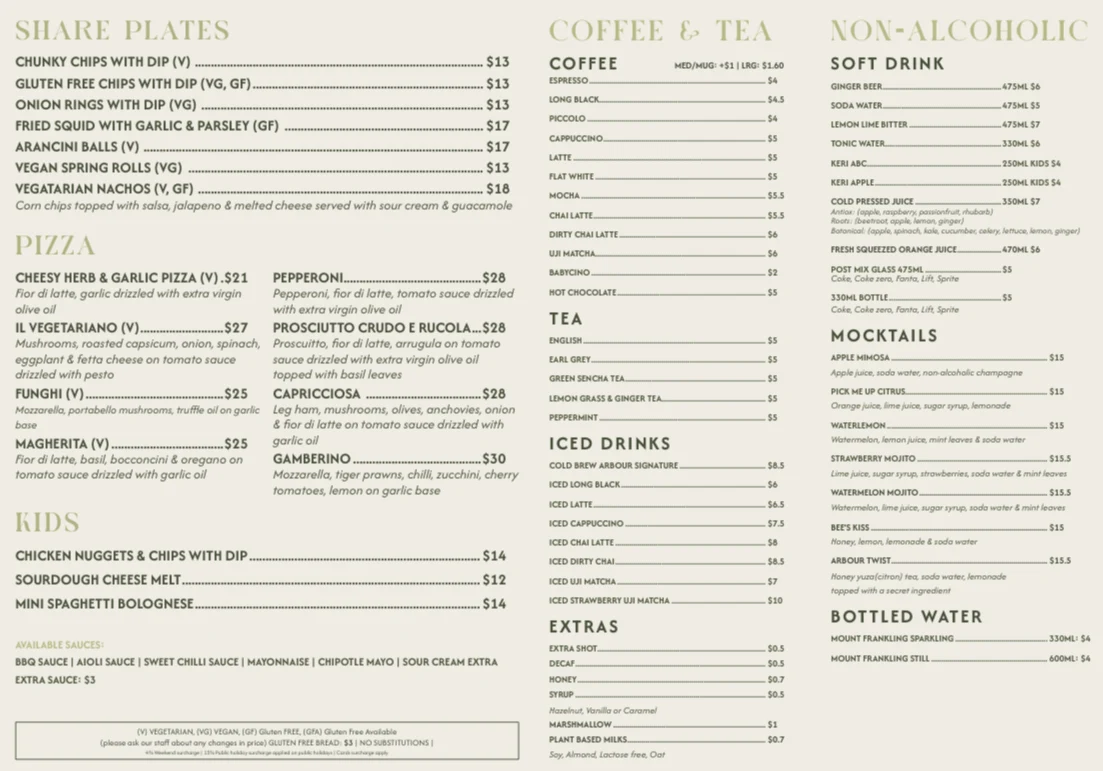 Menu, Arbour SouthBank