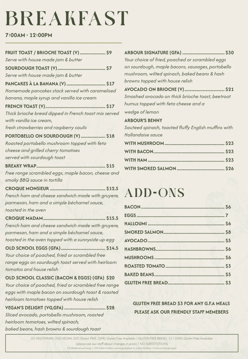 Menu, Arbour SouthBank