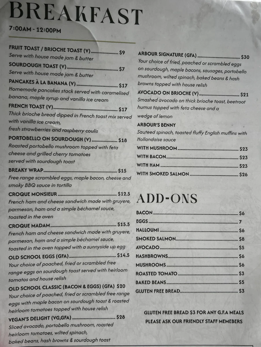 Menu, Arbour SouthBank