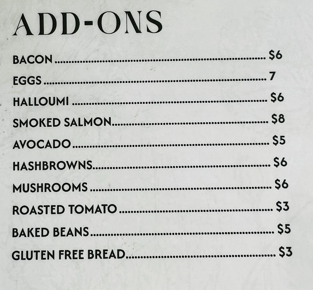 Menu, Arbour SouthBank