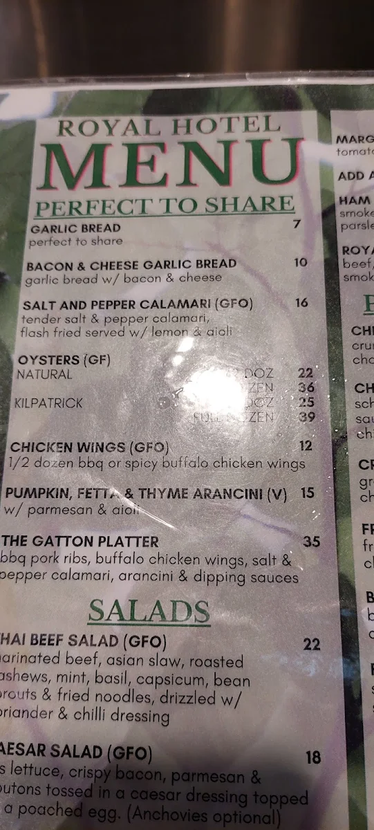 Menu, Royal Hotel