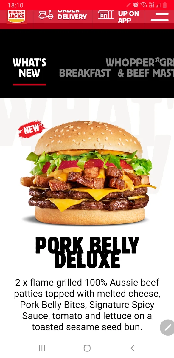 Menu, Hungry Jack's Burgers Minchinbury