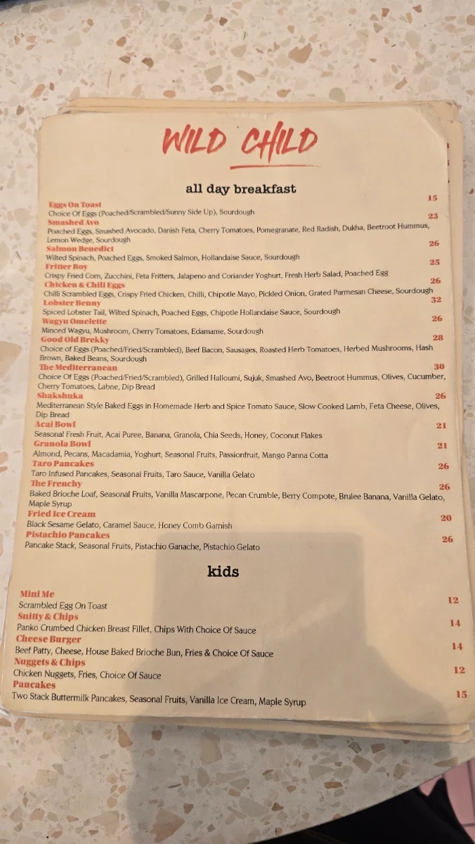 Menu, Wild Child Eatery - Chester Hill