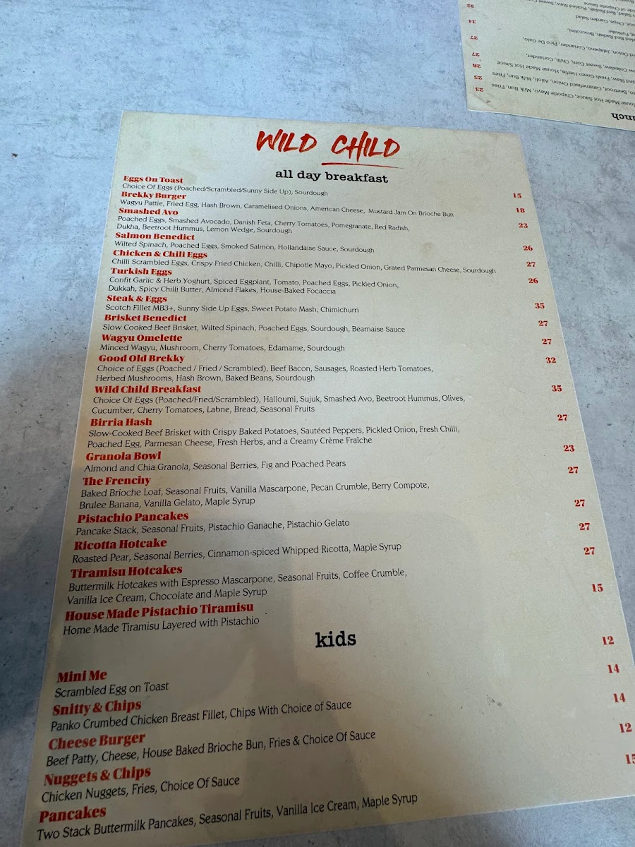 Menu, Wild Child Eatery - Chester Hill