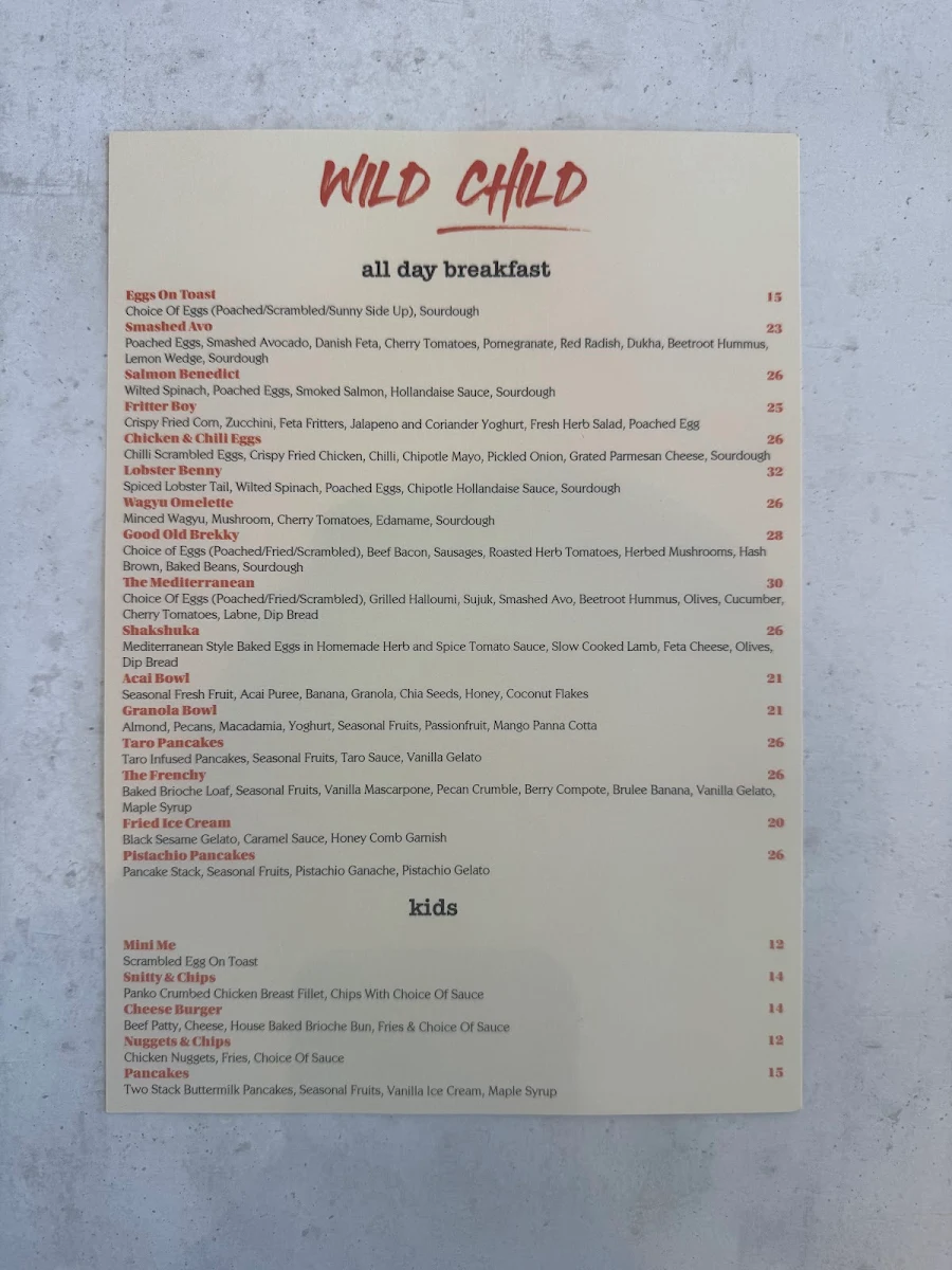 Menu, Wild Child Eatery - Chester Hill