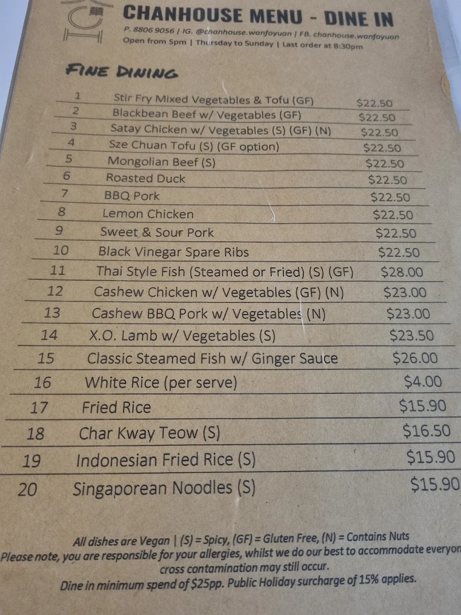 Menu, Chanhouse