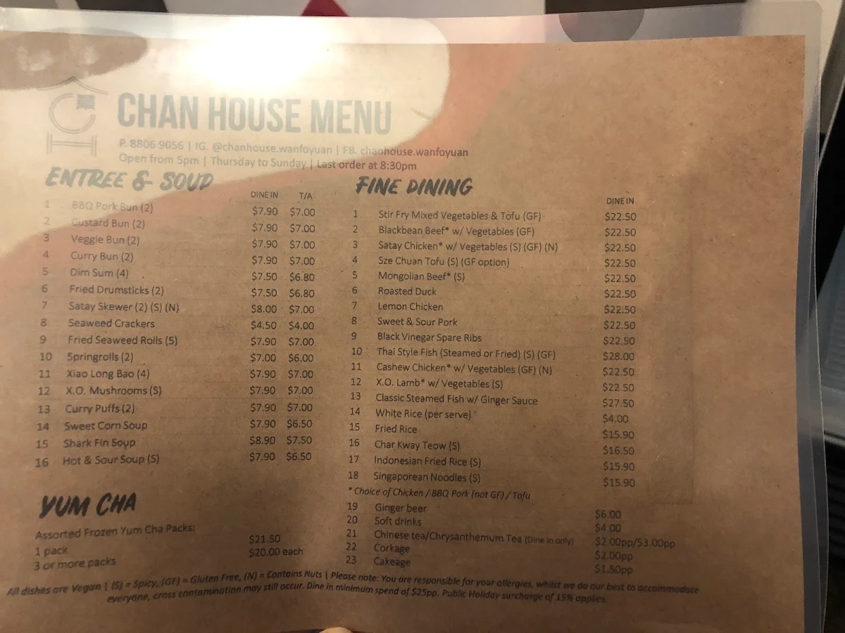 Menu, Chanhouse