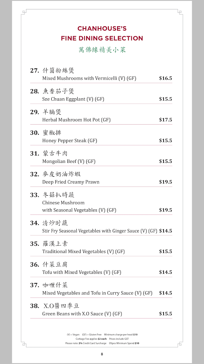 Menu, Chanhouse