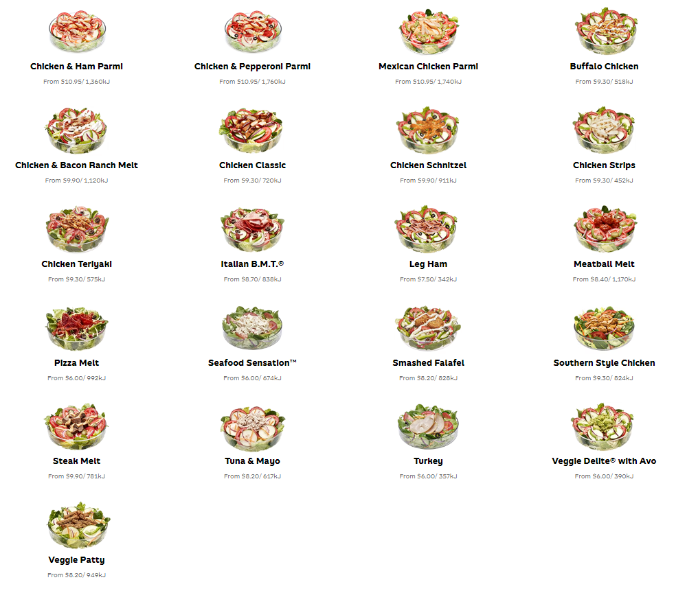 Menu, Subway Crows Nest