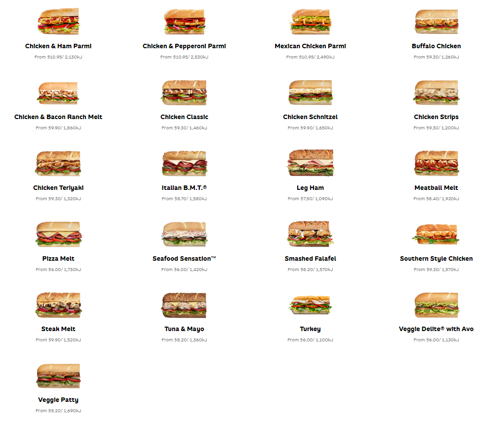 Menu, Subway Crows Nest
