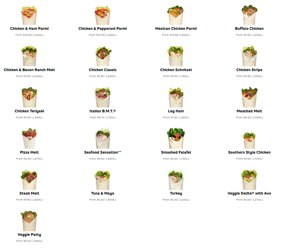 Menu, Subway Crows Nest