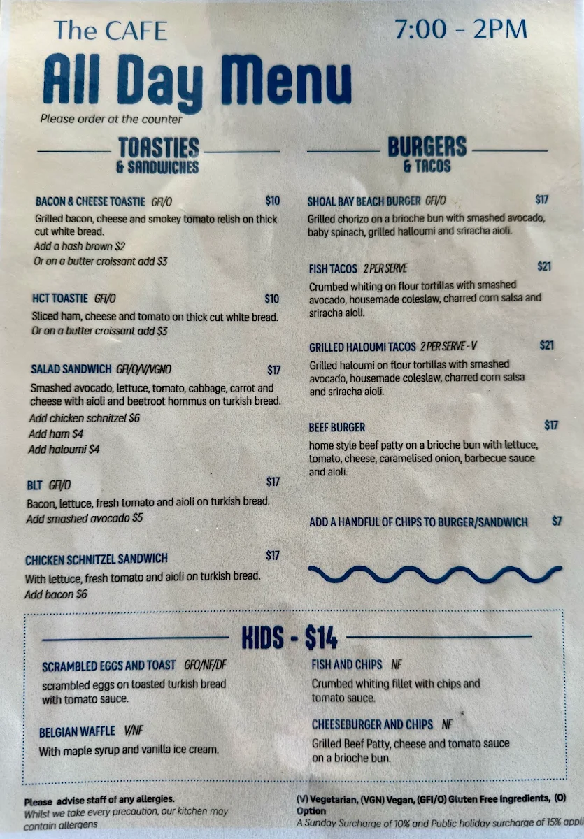 Menu, The Cafe