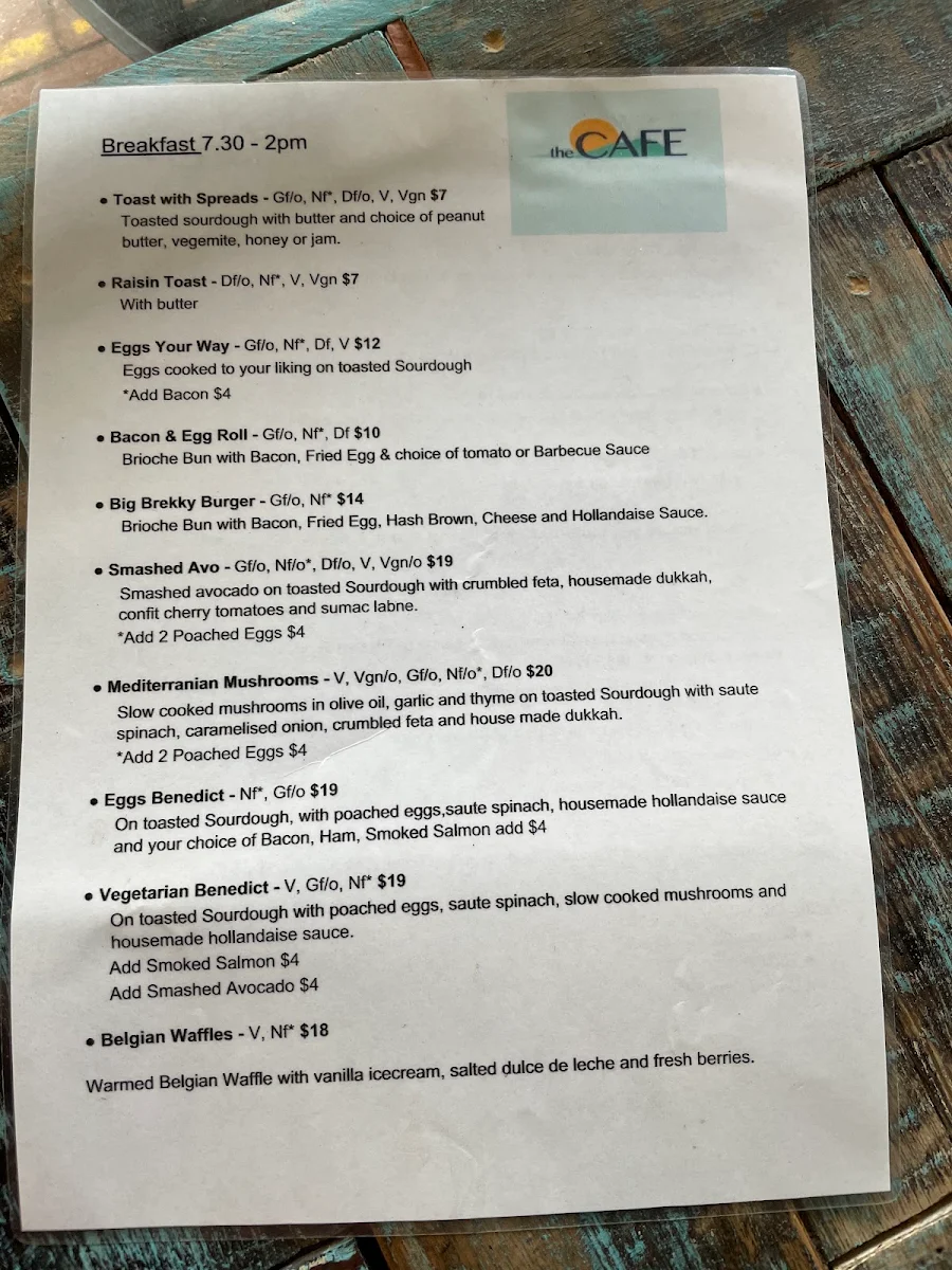 Menu, The Cafe