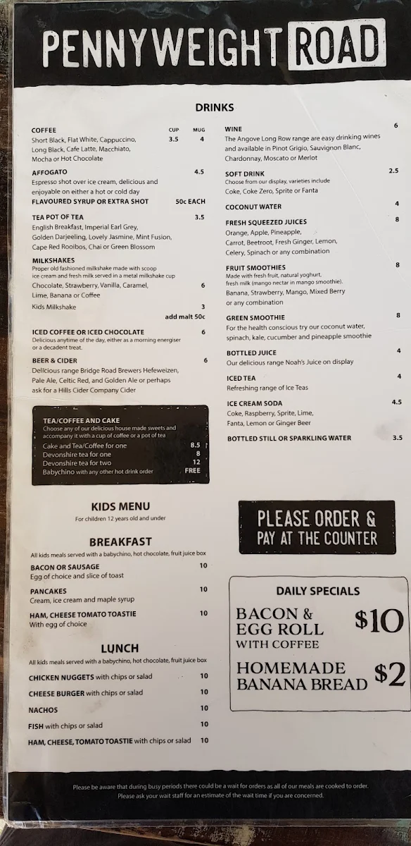 Menu, The Cafe