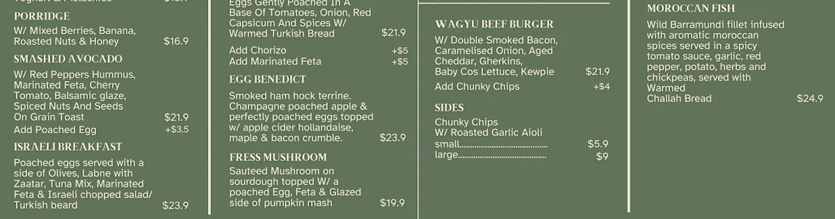 Menu, Fress Cafe