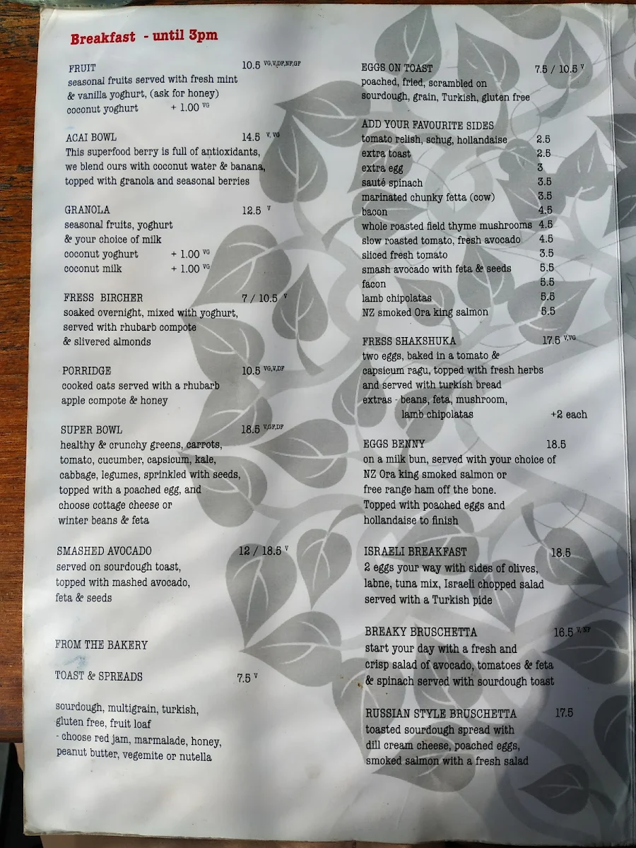 Menu, Fress Cafe