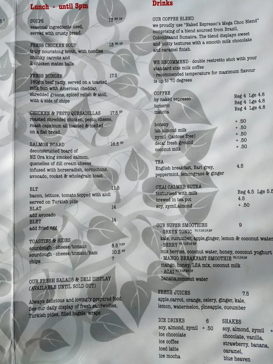 Menu, Fress Cafe