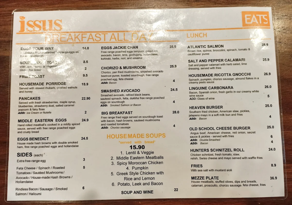 Menu, Cafe Issus