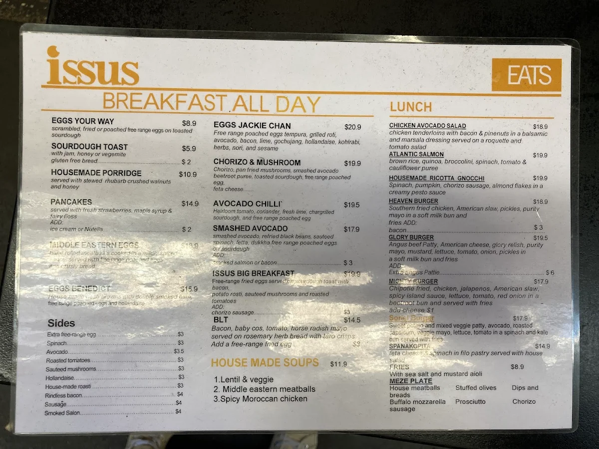 Menu, Cafe Issus
