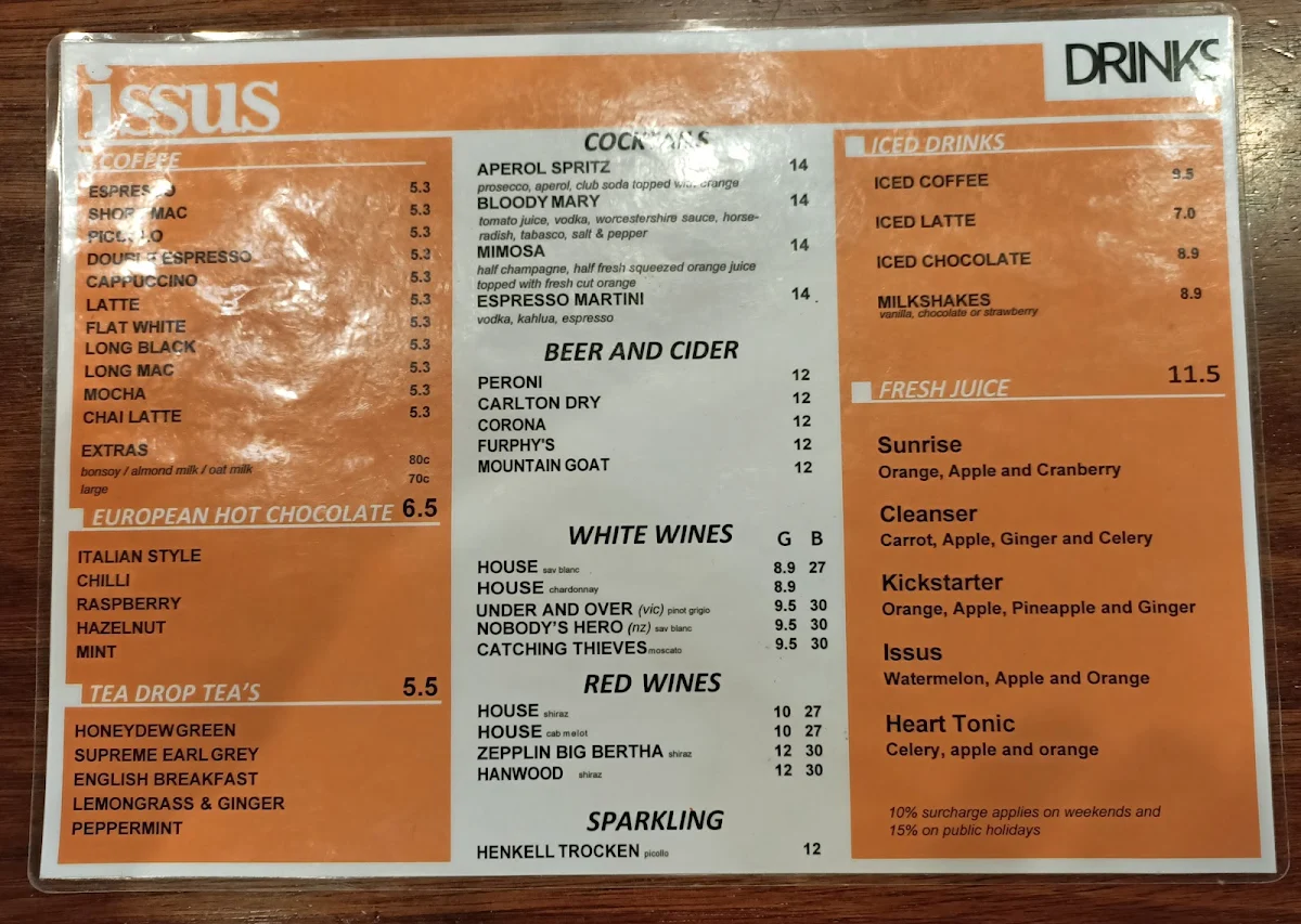 Menu, Cafe Issus