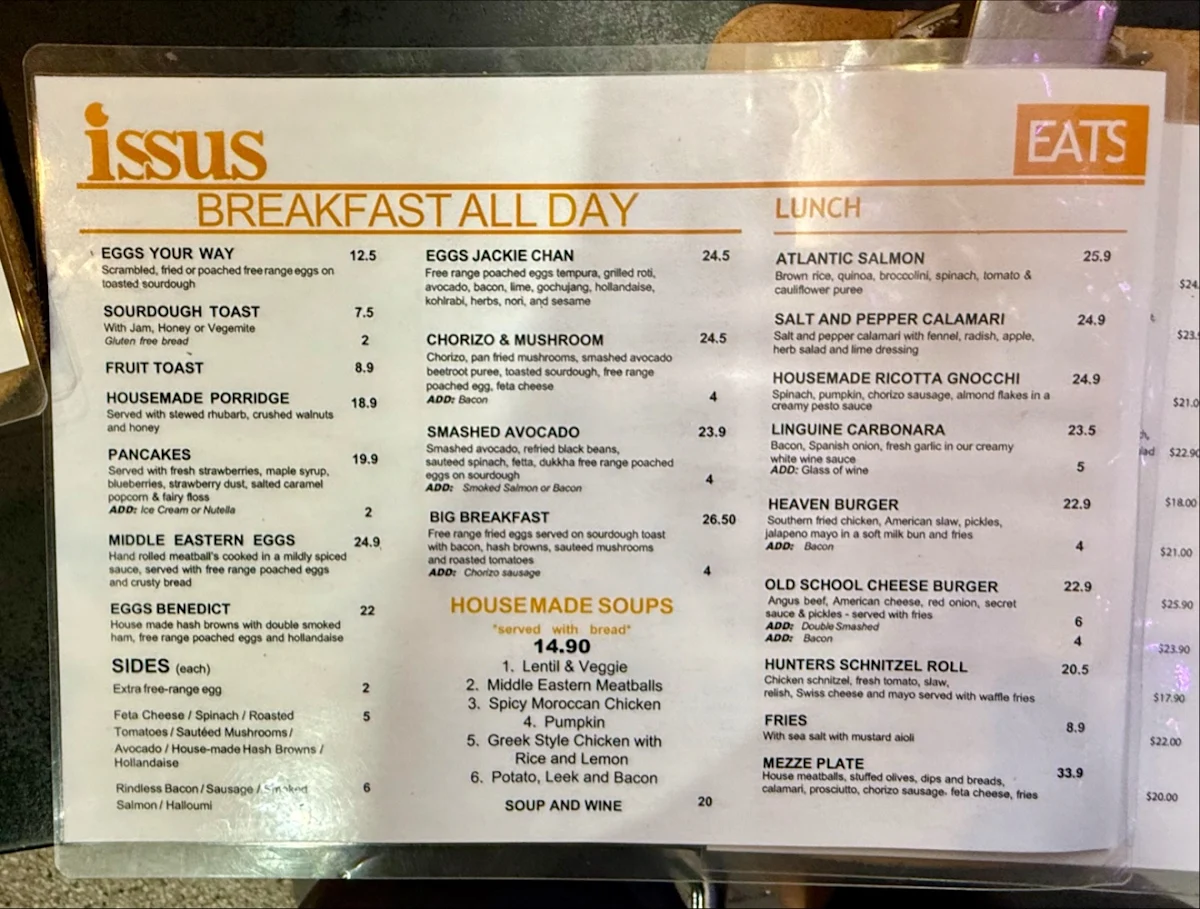 Menu, Cafe Issus