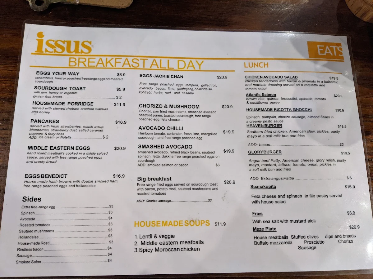 Menu, Cafe Issus