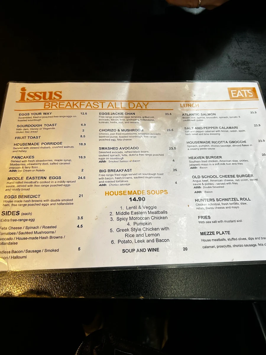 Menu, Cafe Issus