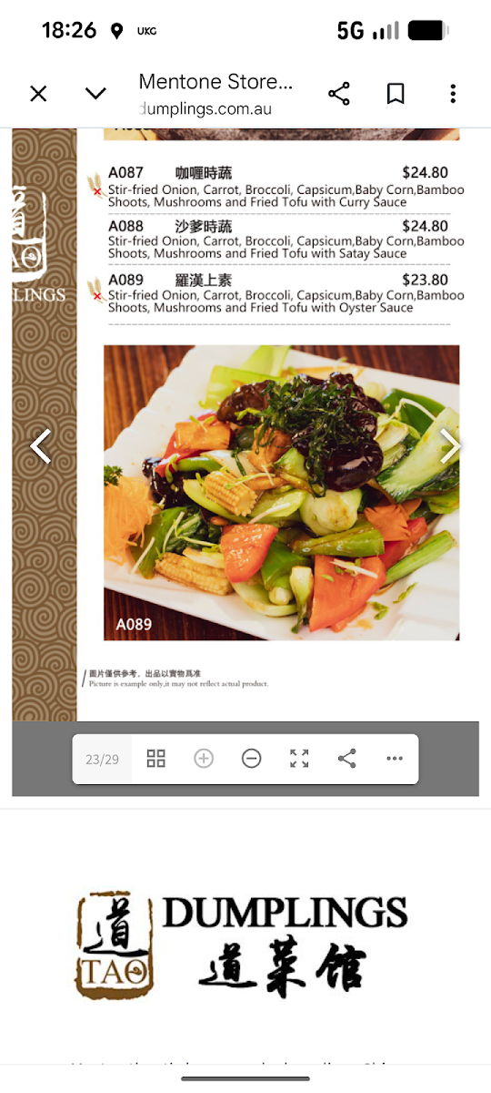 Menu, Tao Dumplings Mentone
