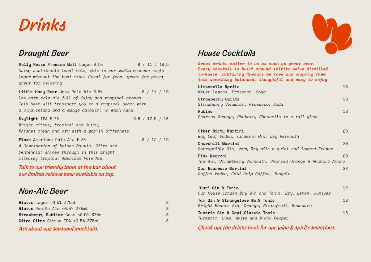 Menu, Molly Rose Brewery