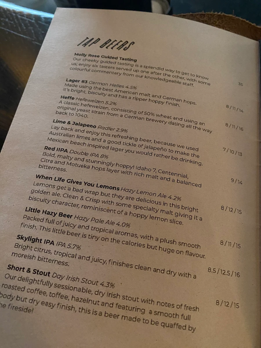 Menu, Molly Rose Brewery