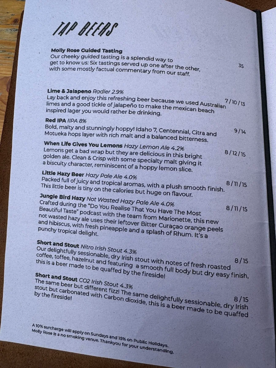 Menu, Molly Rose Brewery