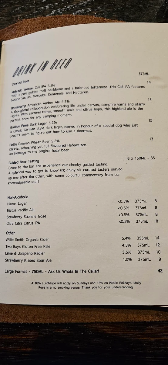 Menu, Molly Rose Brewery