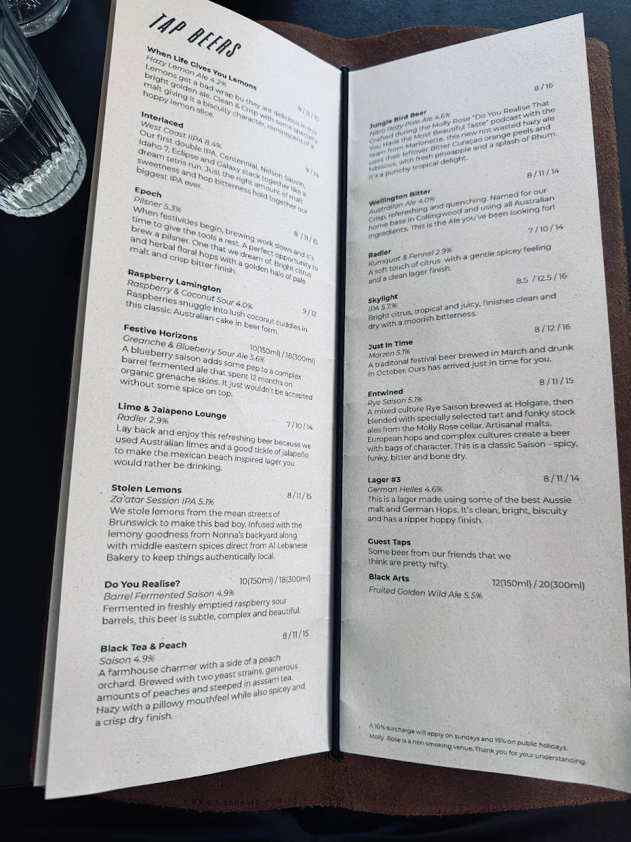 Menu, Molly Rose Brewery