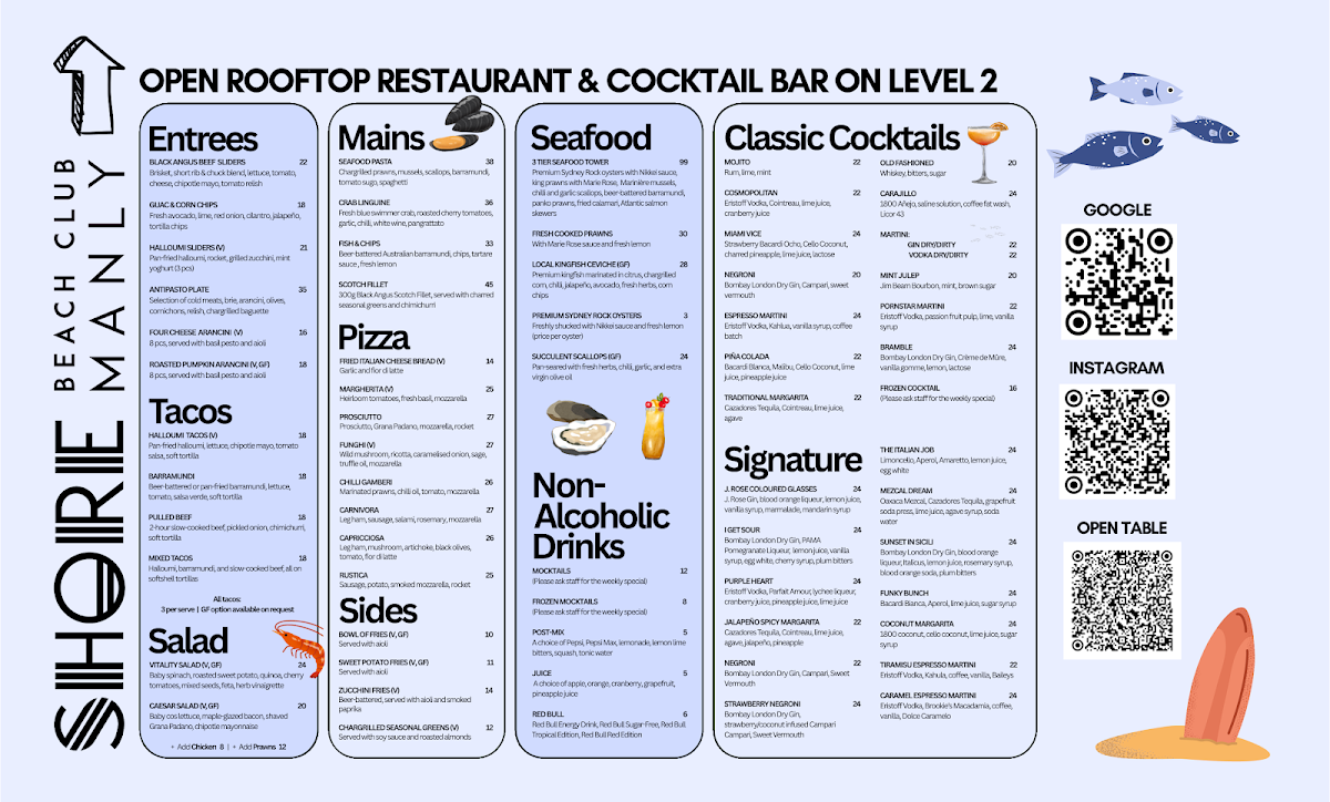 Menu, Shore Beach Club
