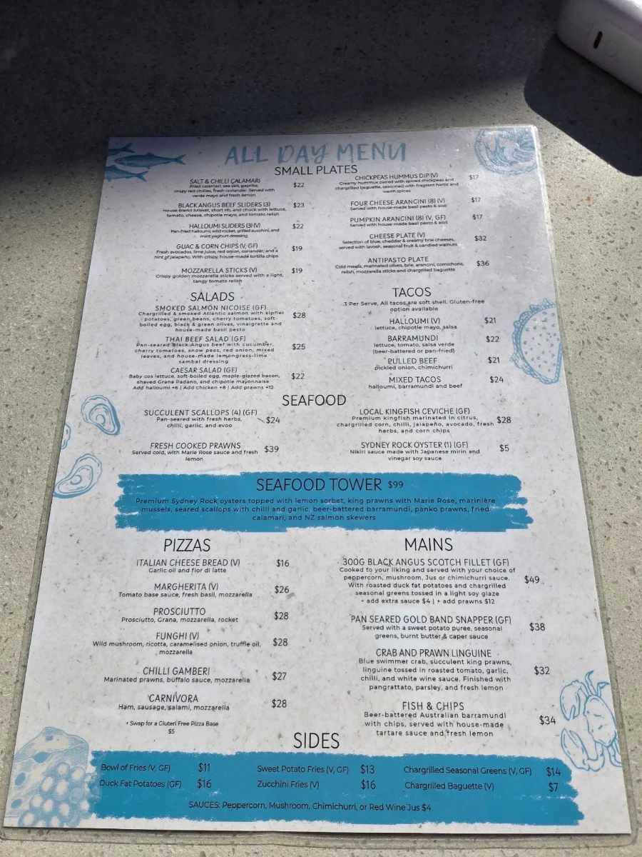 Menu, Shore Beach Club