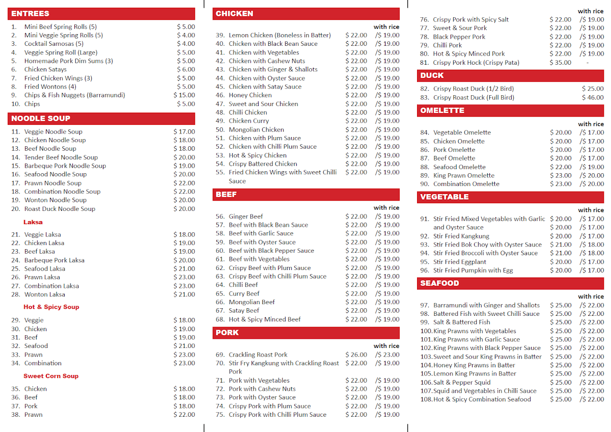 Menu, Golden Chopstix