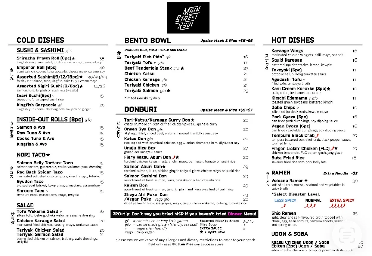 Menu, Main Street Ryu Japanese Food X Liquor