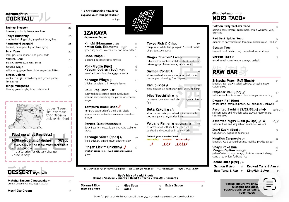 Menu, Main Street Ryu Japanese Food X Liquor