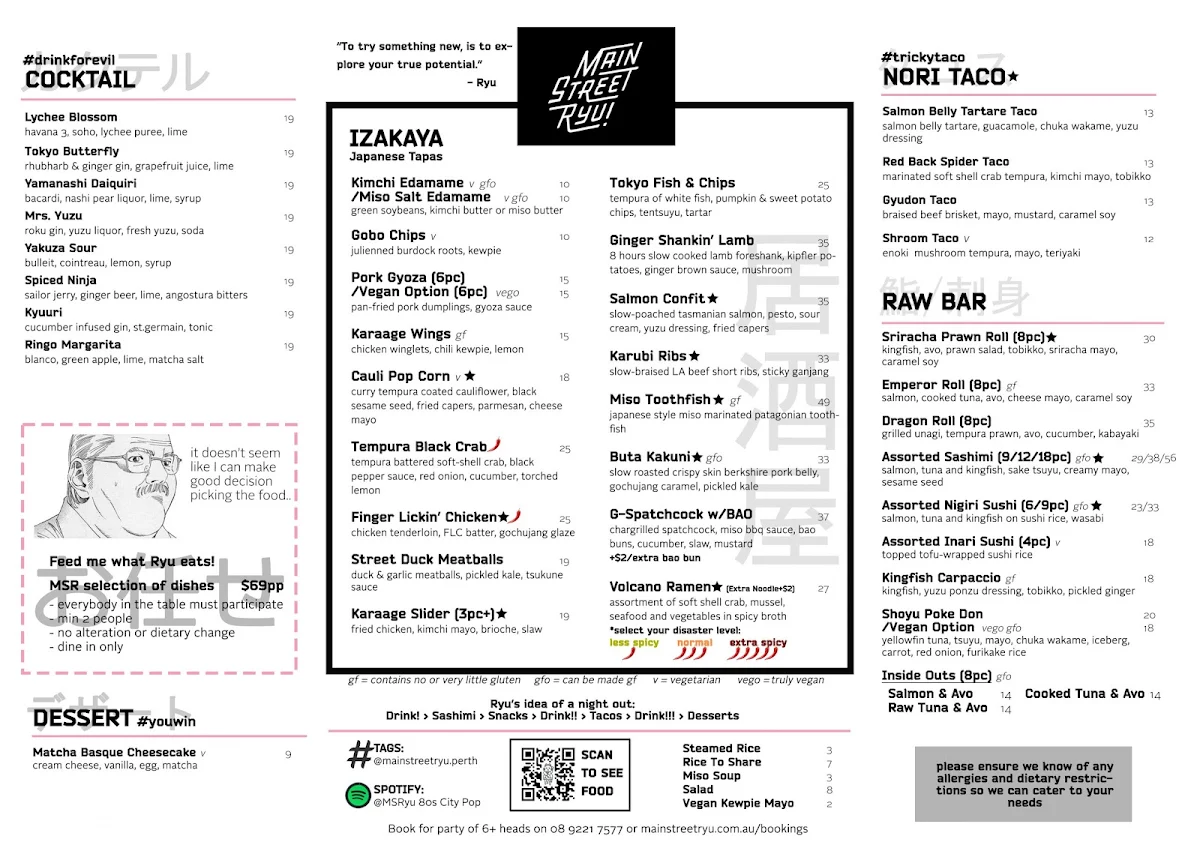 Menu, Main Street Ryu Japanese Food X Liquor