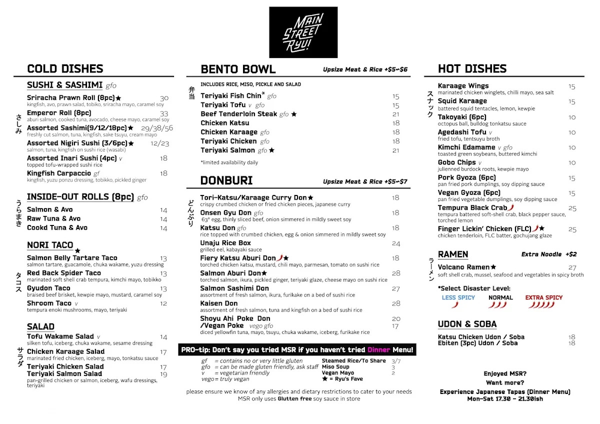 Menu, Main Street Ryu Japanese Food X Liquor
