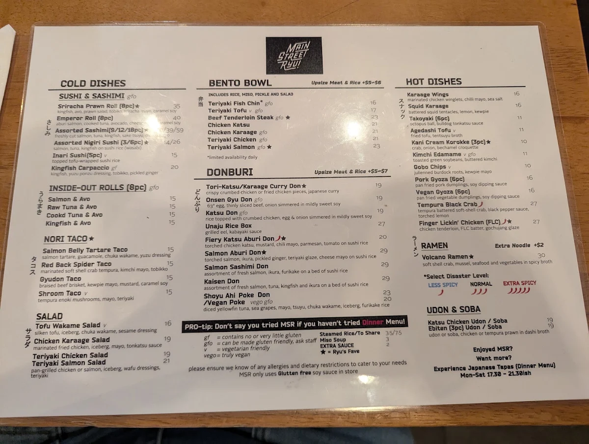 Menu, Main Street Ryu Japanese Food X Liquor
