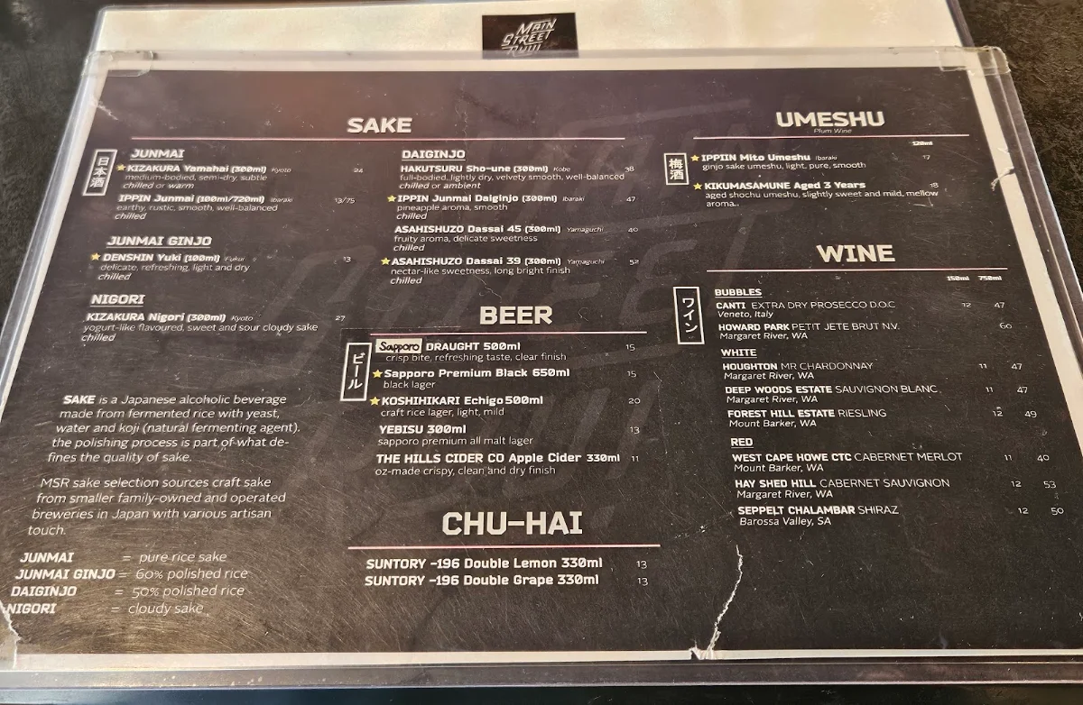 Menu, Main Street Ryu Japanese Food X Liquor