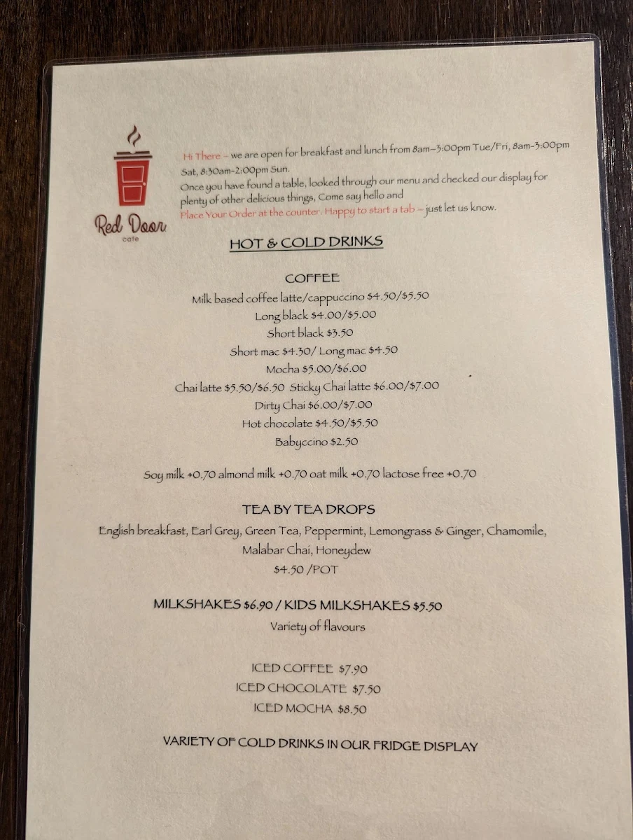 Menu, Red Door Cafe