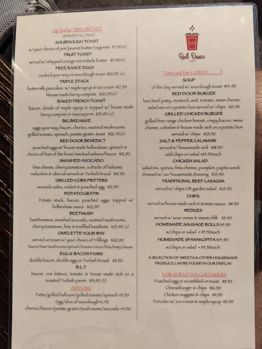 Menu, Red Door Cafe