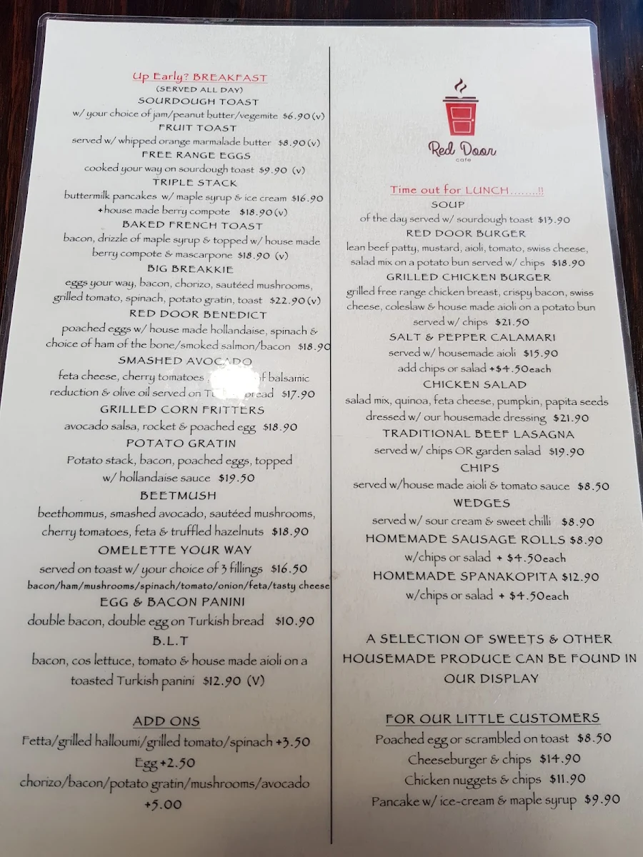 Menu, Red Door Cafe