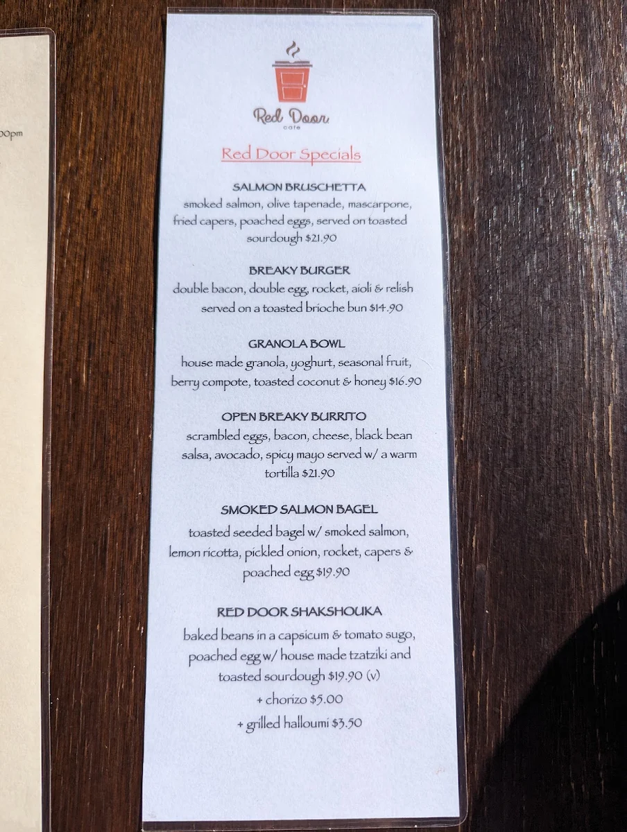 Menu, Red Door Cafe